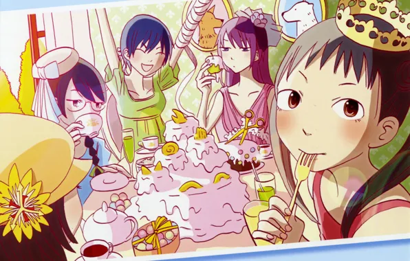 Holiday, crown, sweets, cake, art, fun, friend, Bakemonogatari