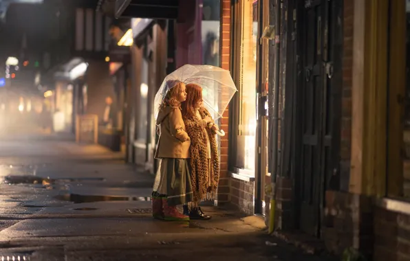 Night, the city, girls, umbrella