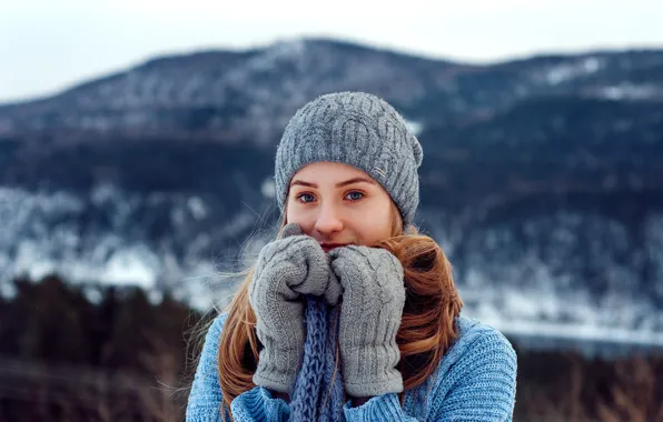Picture cold, nature, hat, hair, Girl