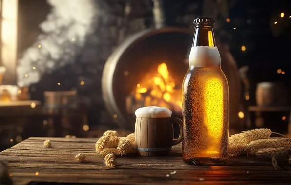 Glass, foam, table, Board, bottle, beer, mug, barrel