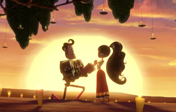 Sunset, tree, cartoon, guitar, candles, Mexico, characters, Maria
