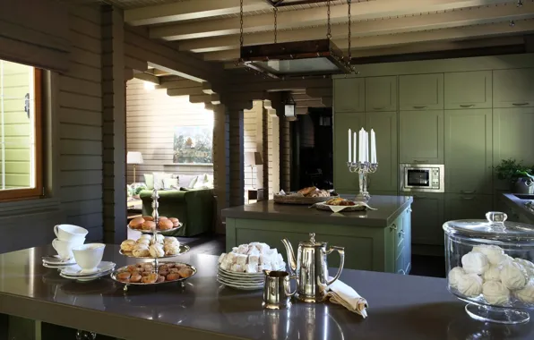 Table, candles, cookies, kitchen, Cup, coffee pot