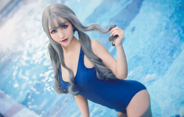 Swimsuit, chest, summer, look, water, girl, light, blue