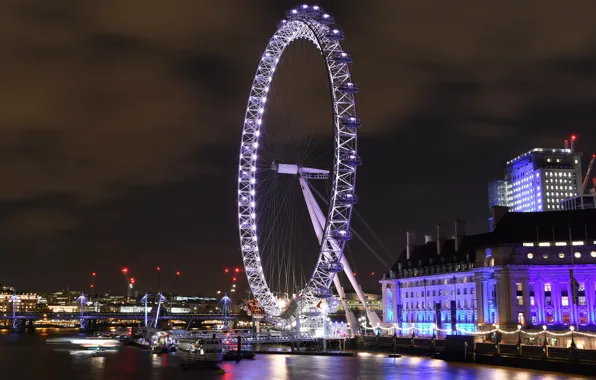 Night, the city, lights, London, wheel
