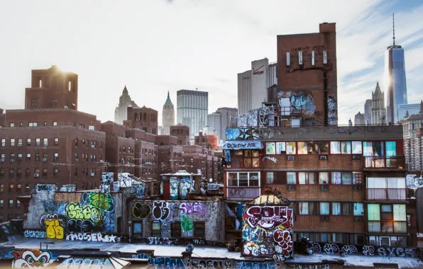 Graffiti, building, home, Skyscrapers, City, USA, New York, Urban