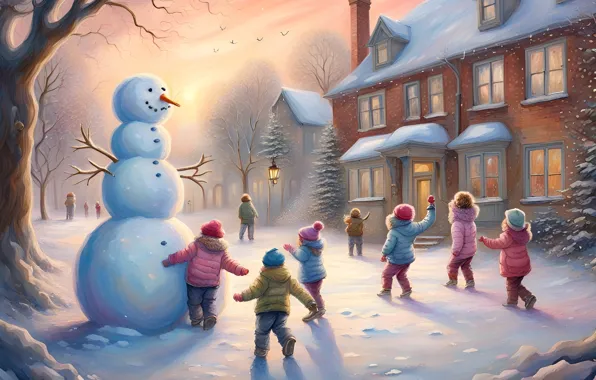 Winter, the sun, light, snow, branches, children, the city, fog