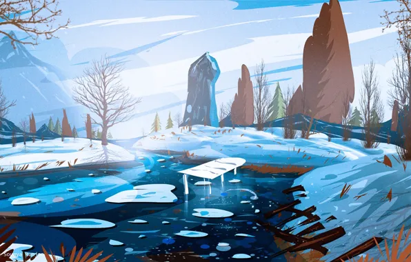 Art, Winter, River, Illustration, Environments, Soumya Ranjan, by Soumya Ranjan