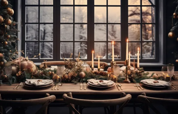 Branches, chairs, interior, candles, glasses, window, Christmas, plates