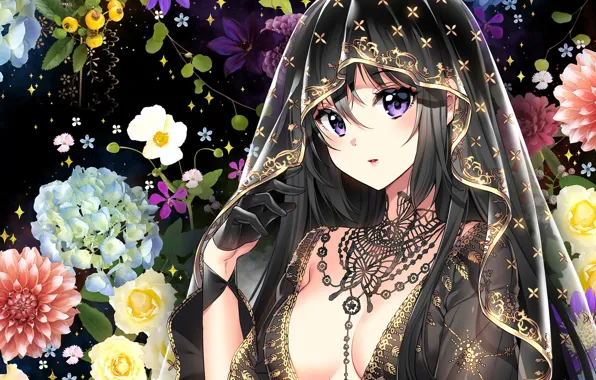 Look, face, roses, necklace, sorceress, glove, embroidery, hydrangea