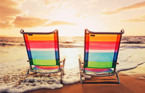 Sea, beach, summer, the sun, sunset, chaise, beach, sea