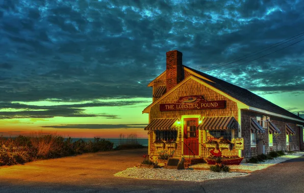 Sea, the sky, clouds, lights, home, the evening, bar, shop