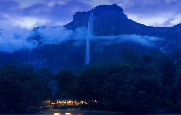Forest, clouds, mountain, house, Venezuela, Parque Nacional Canaima, Angel Falls