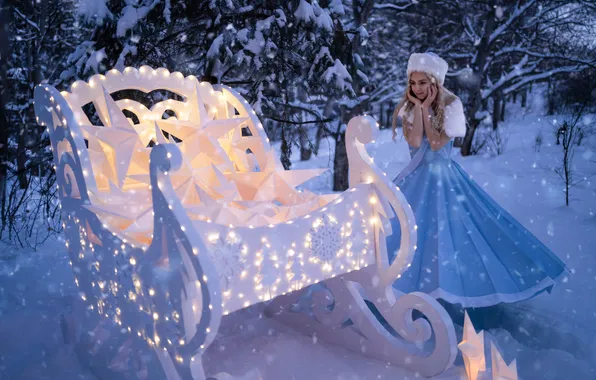 Winter, frost, forest, look, girl, stars, light, snow