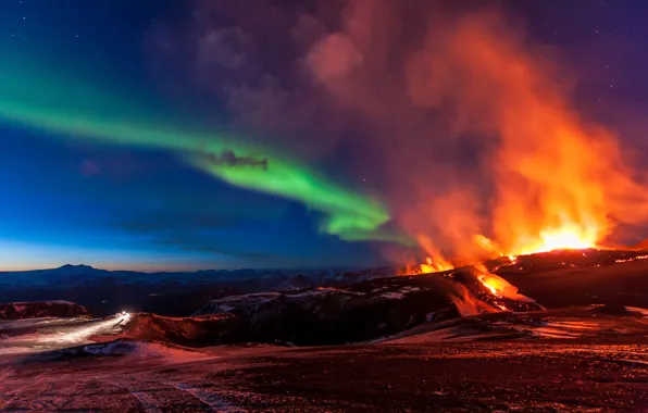 Mountains, element, Northern lights, Iceland, Iceland, the eruption of the volcano, Fimmvorduhals