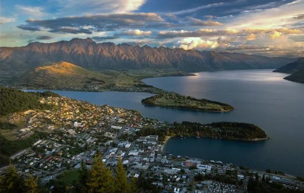 Water, sunset, the city, lake, Mountains, New Zealand