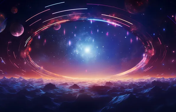 Space, light, night, fiction, rocks, planet, round, rotation
