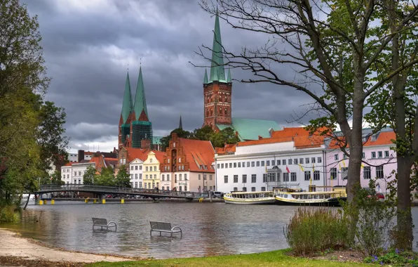 River, home, Germany, Cathedral, Lubeck, bench