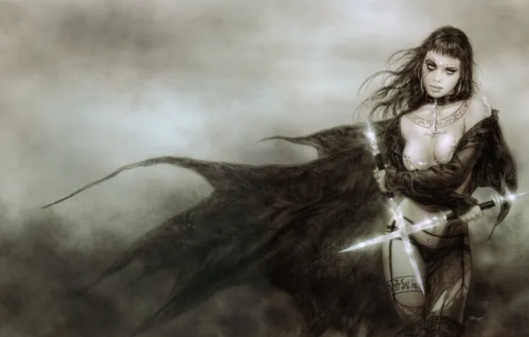 Picture weapons, girls, brunette, fantasy, Luis Royo