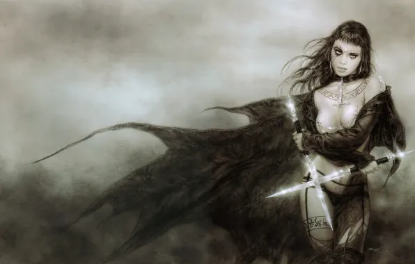 Weapons, girls, brunette, fantasy, Luis Royo