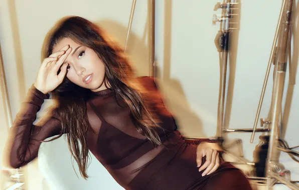 Studio, women, brunette, black dress, motion blur, parted lips, women indoors, Pokimane