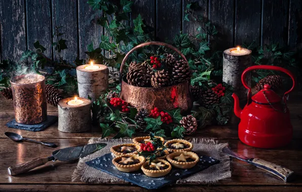 Picture style, berries, candles, kettle, still life, bumps, cakes, tartlets