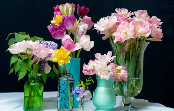 Tulips, lilac, Narcissus, vases, bouquets