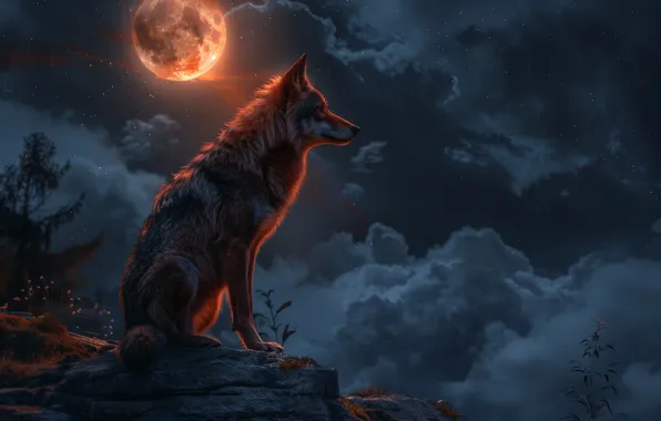 Picture Clouds, Night, The moon, Wolf, Predator, The full moon, Side, Digital art