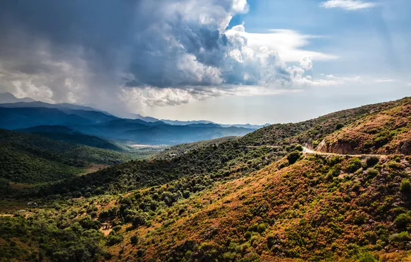 Road, the sky, clouds, mountains, France, valley, Corsica