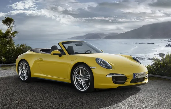 Picture the sky, clouds, mountains, yellow, coast, 911, supercar, porsche