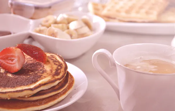 Coffee, Breakfast, strawberry, pancakes