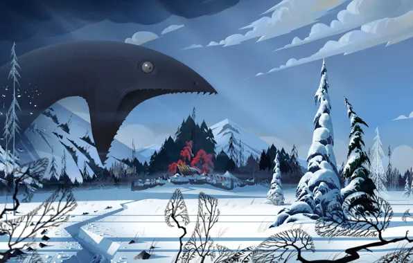 Winter, snow, landscape, monster, village, art, The Banner Saga