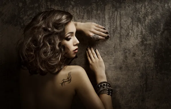Picture girl, model, hair, back, hands, tattoo, profile, bracelet