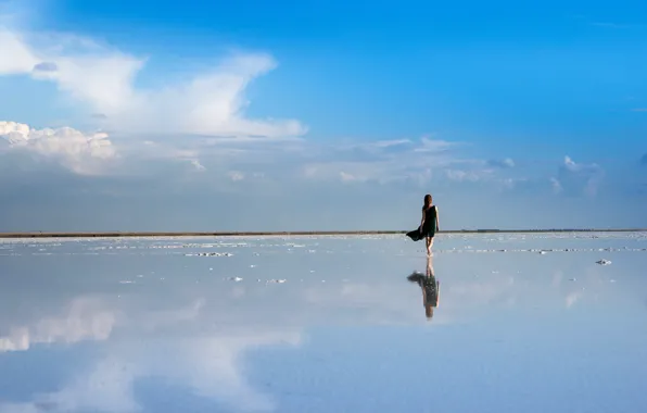 Picture dress, horizon, the sky, girl, reflection, water