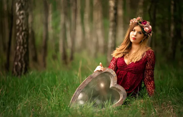 Picture forest, summer, girl, flowers, nature, glade, heart, dress