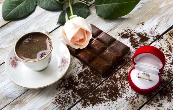 Picture coffee, food, chocolate, roses, ring, Cup, still life