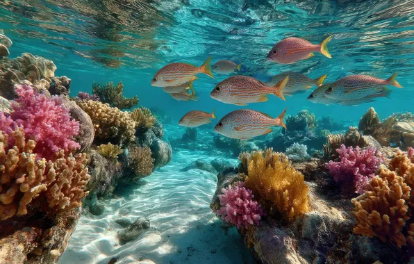 Sea, light, fish, fish, the ocean, corals, underwater world, the bottom of the sea