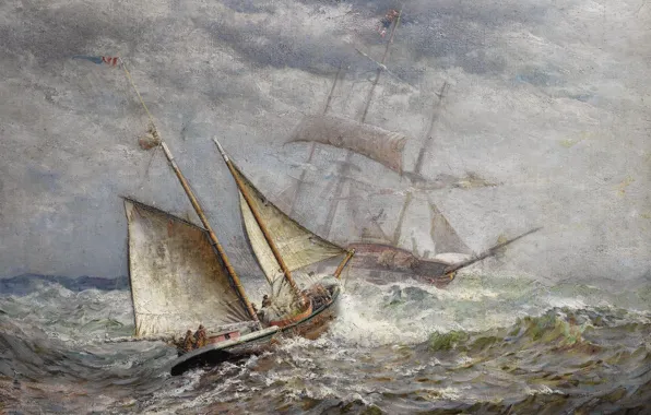 Wallpaper sea, storm, sailboat, picture, painting, James Gale Tyler for ...