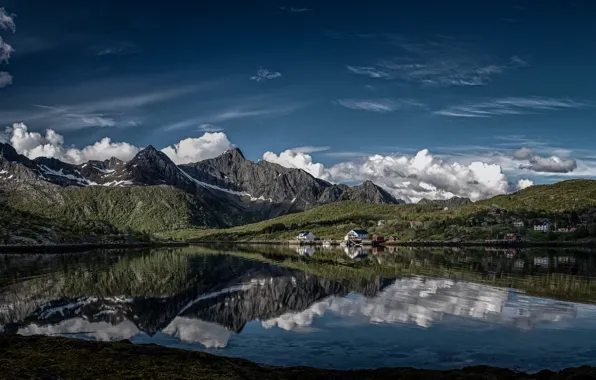 Clouds, mountains, reflection, village, Norway, Norway, the fjord, The Lofoten Islands