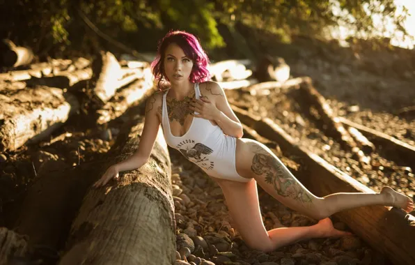 Look, the sun, trees, nature, stones, model, makeup, figure