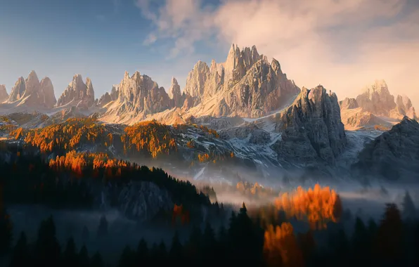 Autumn, forest, clouds, light, snow, landscape, mountains, nature