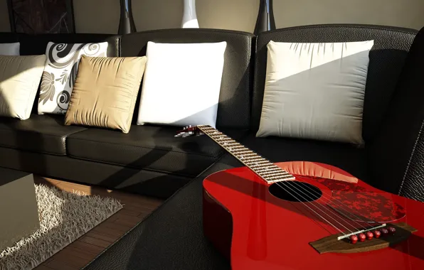 Picture table, sofa, carpet, guitar, pillow