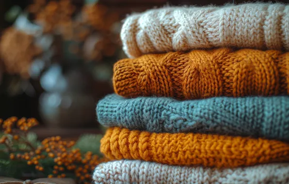Autumn, comfort, heat, bouquet, stack, colorful, sweater, sweaters