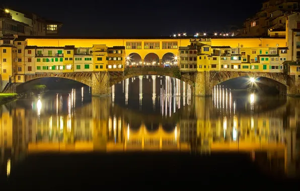 Night, bridge, lights, river, Italy, Florence, The Ponte Vecchio, Arno
