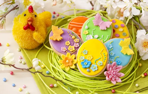 Holiday, spring, colorful, cookies, Easter, flowers, sweet, glaze