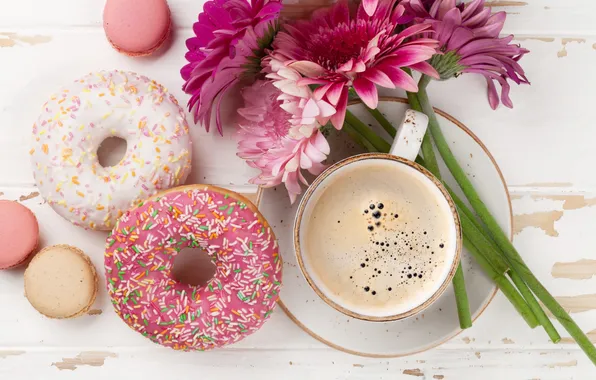 Flowers, donuts, gerbera, wood, pink, flowers, coffee cup, with love