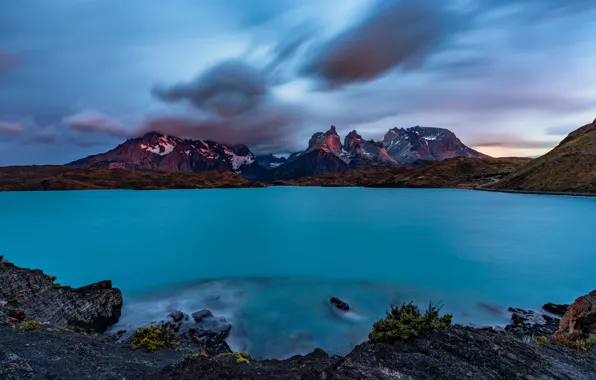 The sky, clouds, mountains, lake, stones, blue, shore, tops