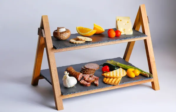Mushrooms, oranges, cheese, tomatoes, sausage