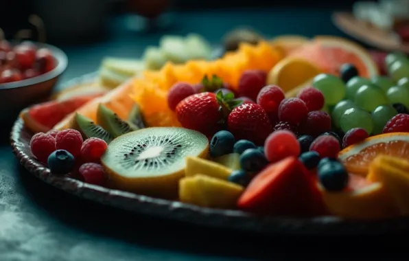 Macro, berries, raspberry, table, food, kiwi, blueberries, strawberry