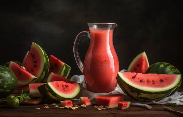 Summer, table, watermelon, juice, pitcher, black background, still life, watermelons