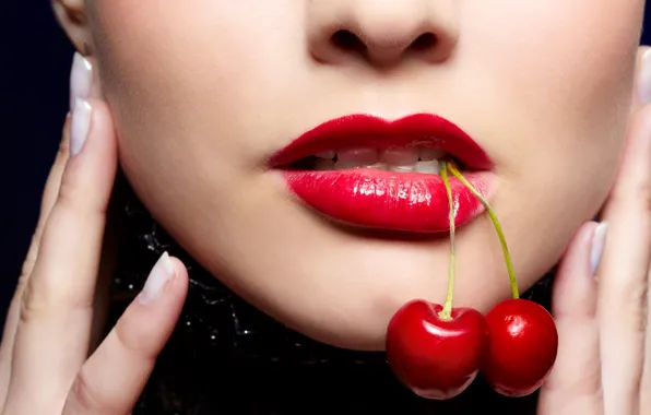 Face, cherry, berries, lipstick, lips
